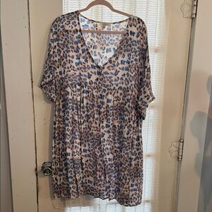 Umgee Blue and Tan Leopard Print V-Neck Dress